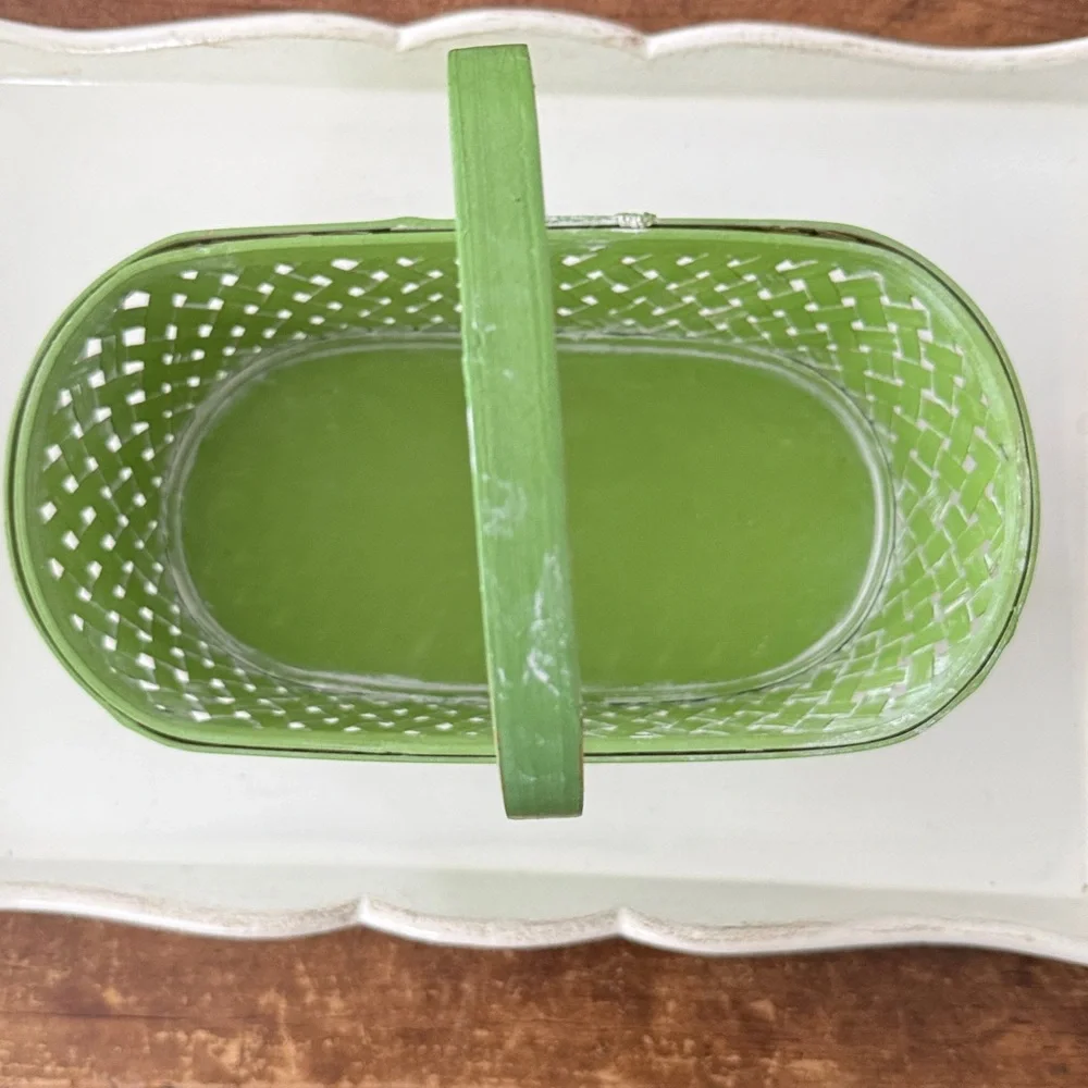 Vintage Burton & Burton Handpainted Green Oval Woven Basket with Handle